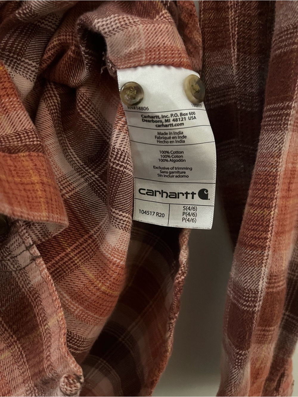 Carhartt Peach Plaid Flannel Button-Up Hoodie - Picture 4 of 6